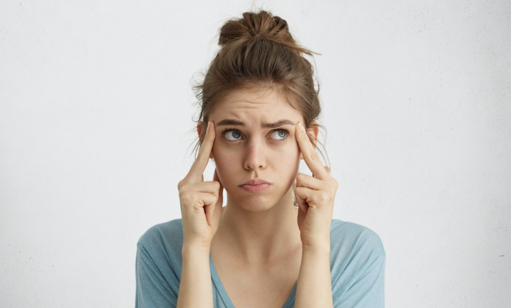 A young woman focusing intently, illustrating the benefits of kinesiology for improving concentration, ideal for ADHD.